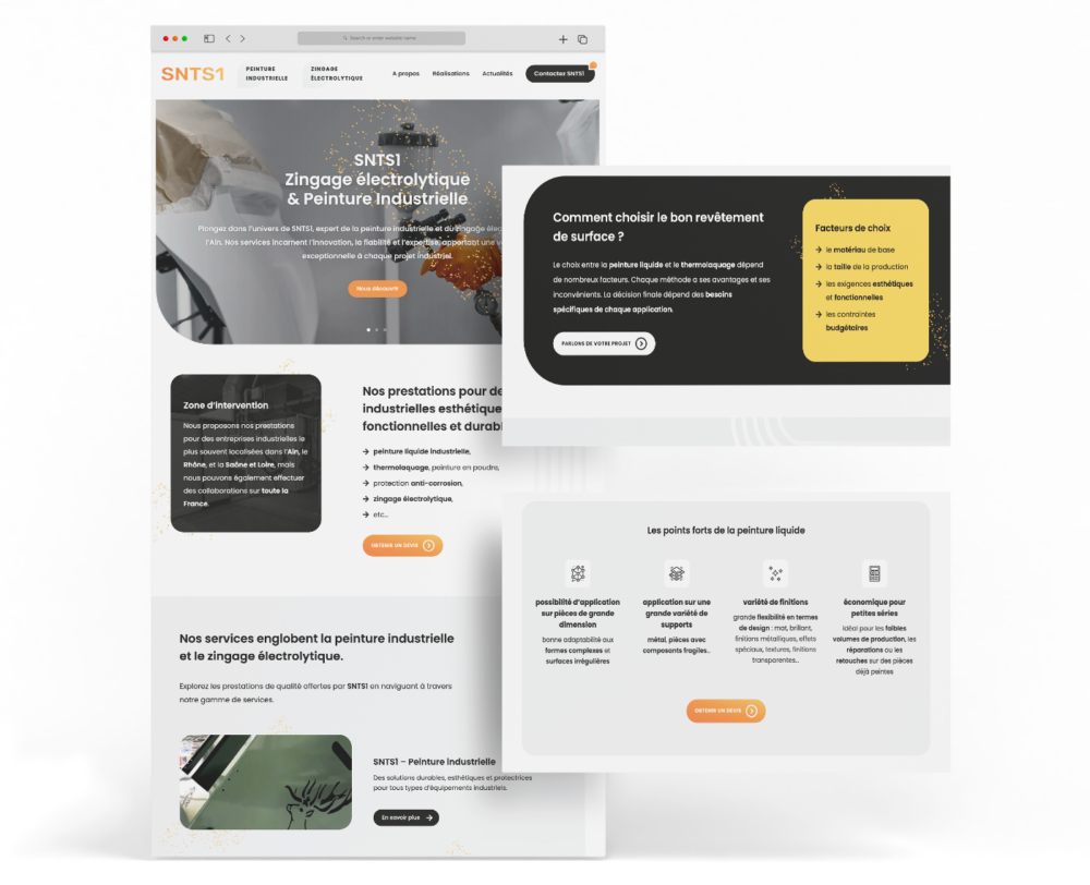 Présentation d'écrans du site web réalisé pour la société industrielle SNTS1 par emergence graphique