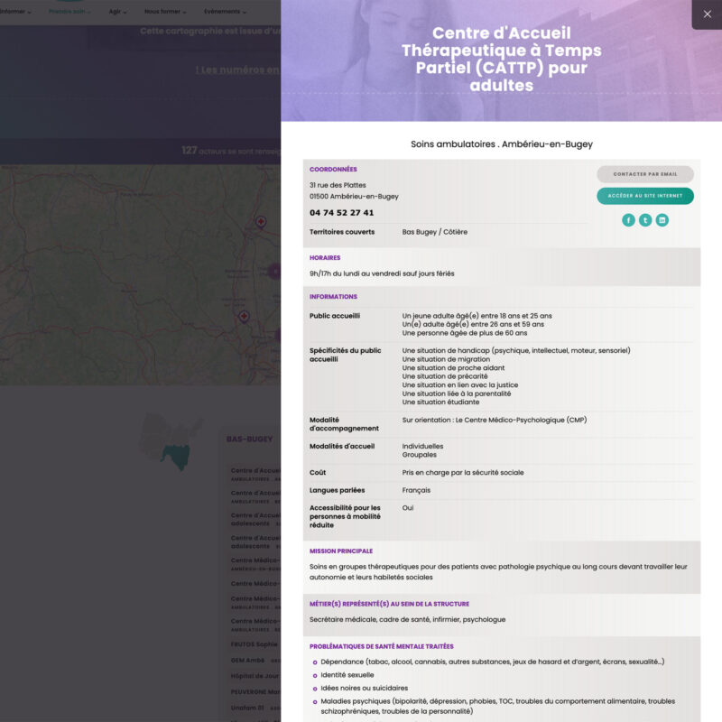 Présentation d'une fiche acteur intégrée à la cartographie du site internet répertoriant les acteurs en santé mentale dans l'ain