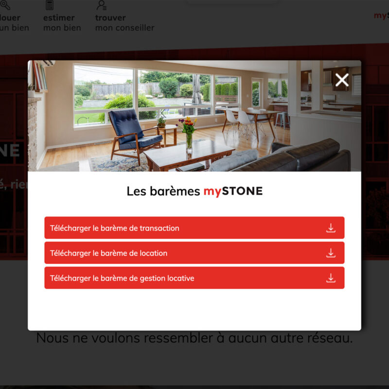 Capture d'écran du site internet Mystone Immobilier montrant la modale permettant le téléchargement de fichiers.