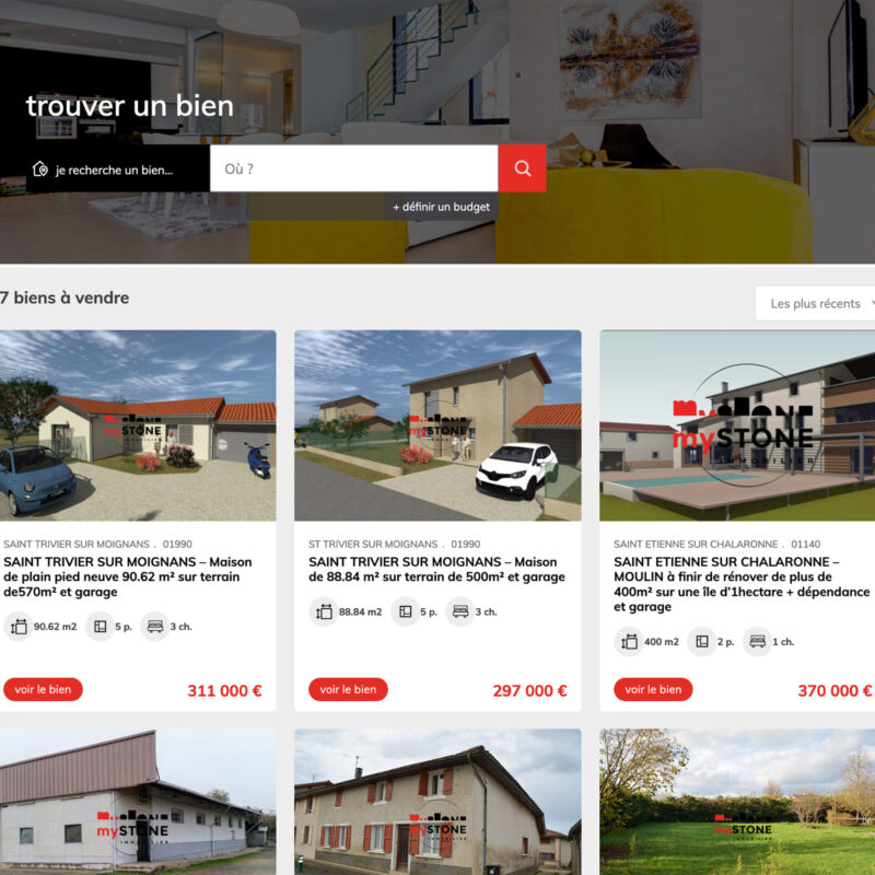 Capture d'écran du site internet de Mystone Immobilier montrant la page de recherche de biens immobiliers, avec filtres de recherche et options de tri.