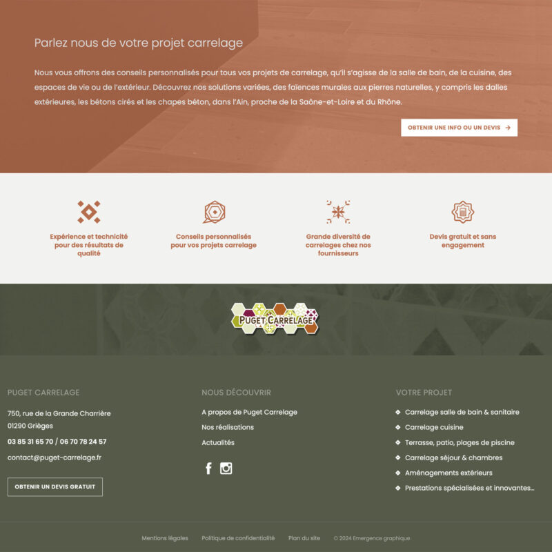 Capture d'écran du site internet Puget carrelage, avec mise en avant des réassurances dans le pied de page