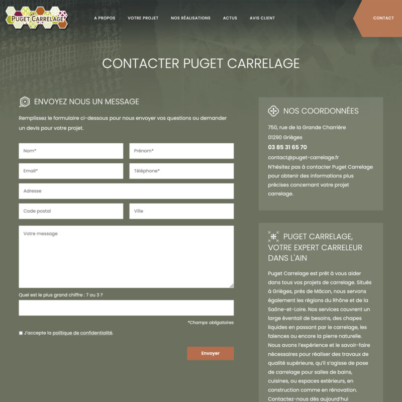 Capture d'écran du formulaire de contact intégré au site web pour Puget carrelage, artisan carreleur dans l'ain, proche Mâcon