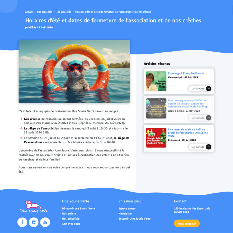 Capture d'écran d'une actualité sur le site internet de l'association Une Souris Verte, présentant un article informatif.