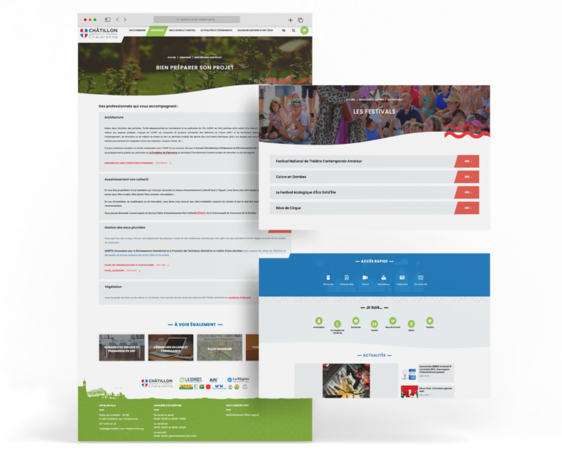 Pages web du site internet de la mairie de Châtillon sur chalaronne dans l'ain, montant un aperçu de la charte web créée par emergence graphique