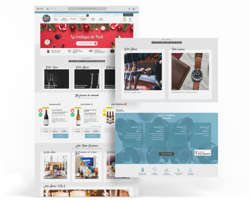 Ecrans du site e-commerce Find a Bottle, illustrant une solution WooCommerce optimisée, un développement sur mesure, un design UX/UI soigné et un responsive design.