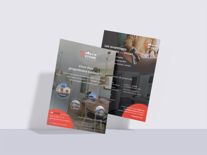 Trame graphique de flyers recto et verso pour mystone immobilier