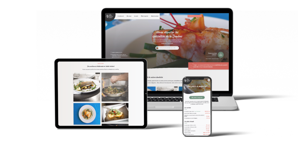 Déclinaison du site internet du restaurant Au Petit Moulin de Sainte-Euphémie, visible sur ordinateur, tablette et téléphone, assurant une expérience utilisateur optimale sur tous les supports.