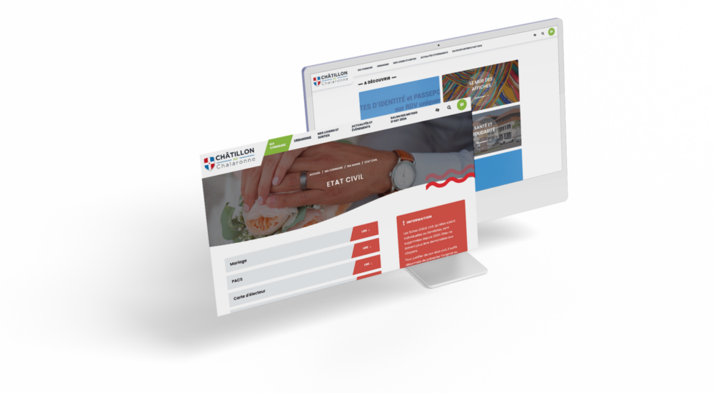 Ecrans du site internet de la mairie de châtillon sur chalaronne montrant déclinaison de la charte graphique conçue spécifiquement pour les outils numériques