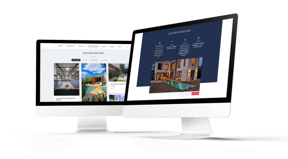 Écrans du site Haliades affichant portfolio et présentation avec un design épuré et intuitif.
