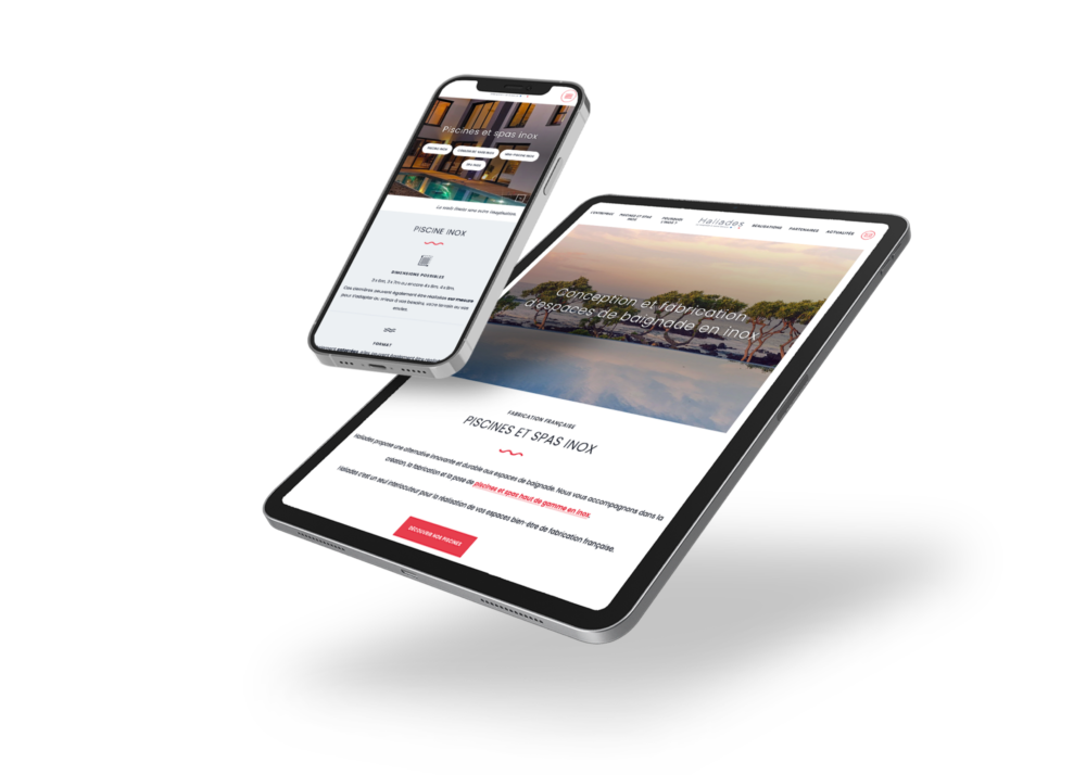Écrans du site Haliades affichés sur tablette et smartphone, illustrant un design responsive, adapté aux appareils mobiles, conçu pour une navigation fluide et optimisée.