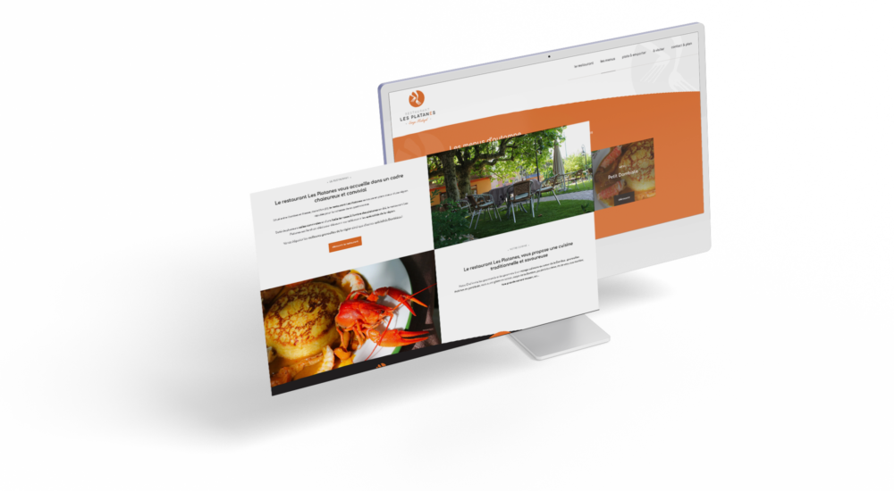 Visuels du site internet du restaurant Les Platanes, situé à La Chapelle du Chatelard dans l'Ain, illustrant l'interface et l'expérience utilisateur.