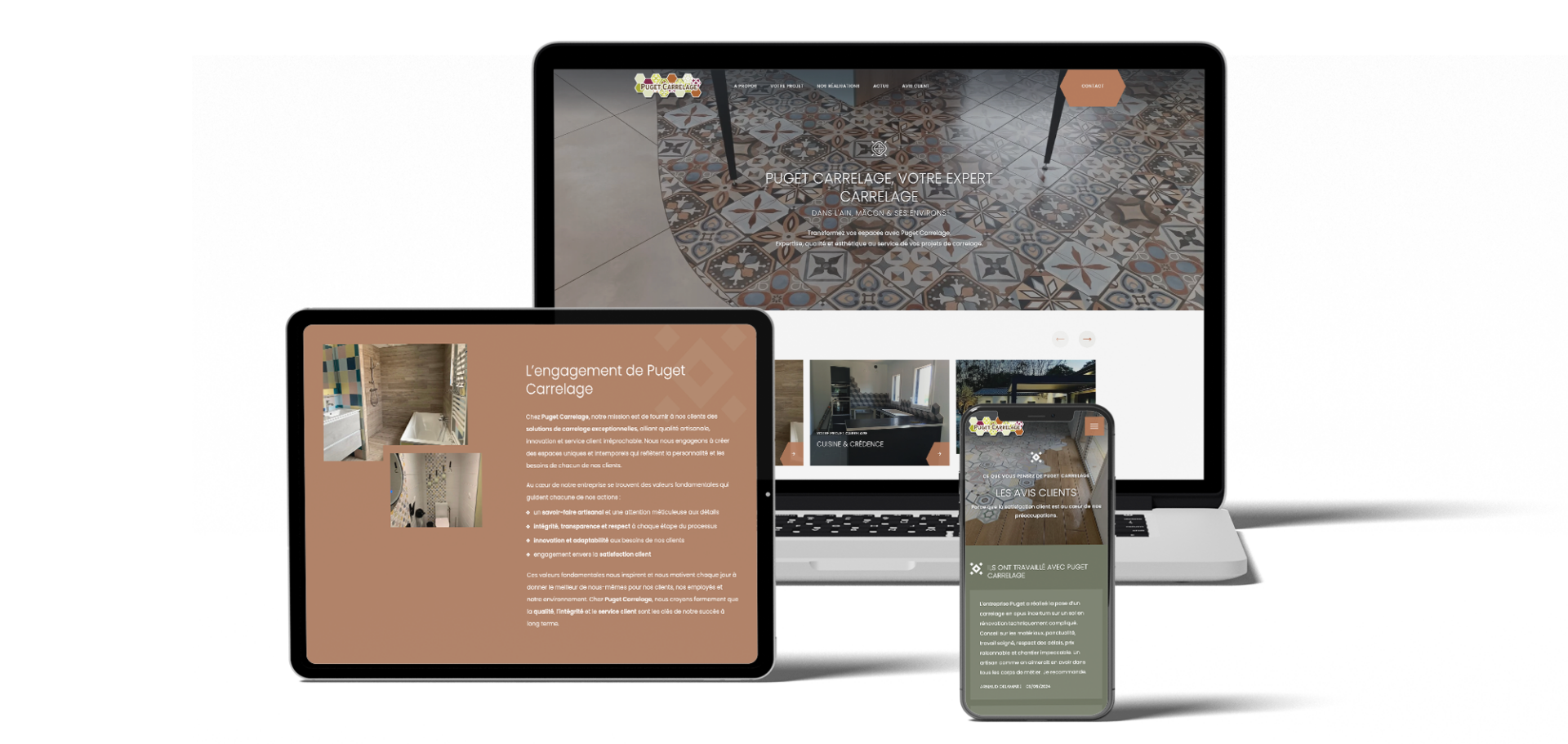Déclinaison responsive du site internet Puget Carrelage sur différents supports : ordinateur, tablette et téléphone