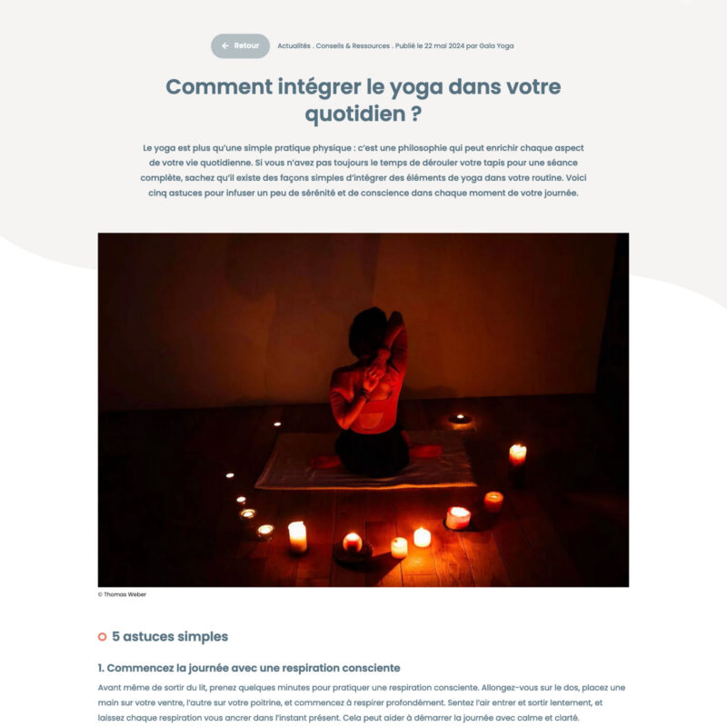 Capture d'écran d'une page web du site internet pour la professionnelle indépendante Emmelyne Visconti, présentant un article de la rubrique actualités