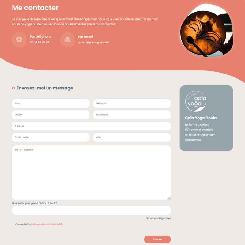 Capture d'écran du formulaire de contact intégré au site internet Gaïa Yoga Doula