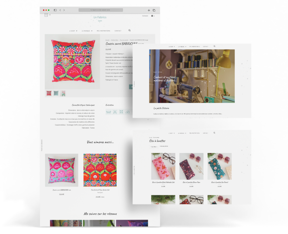 Charte web de la boutique en ligne Ln Fabrics proposant vente de tissus et créations textiles