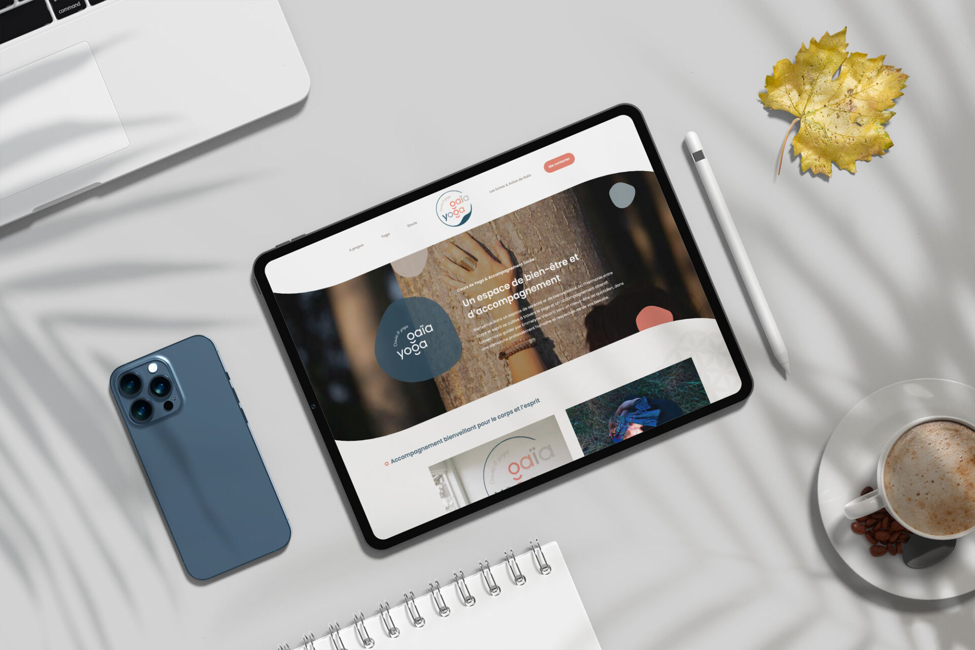 Page d'accueil du site internet Gaïa Yoga consultée sur tabelette dans sa version responsive