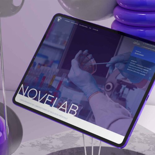 Page d'accueil du site internet pour groupe Novelab, présentée dans sa version responsive sur tablette